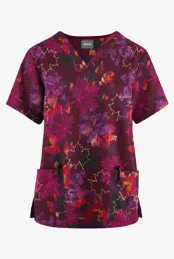 Butter-Soft Originals Autumn Park Wine Women's 2-Pocket Classic Fit V-Neck Printed Scrub Top