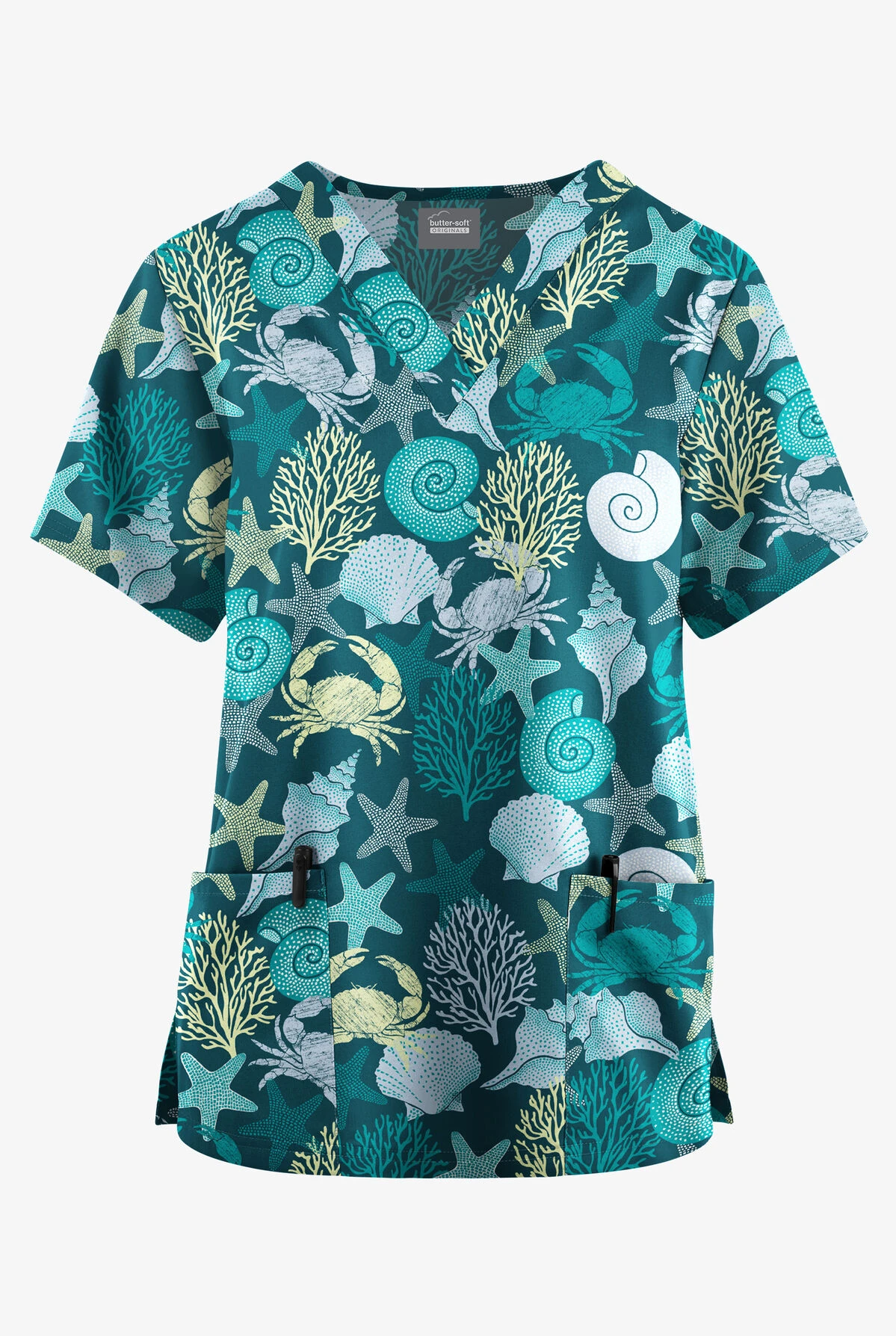 Butter-Soft Originals Beach Day Caribbean Blue Women's 2-Pocket Classic Fit V-Neck Printed Scrub Top 1 Butter-Soft Originals Beach Day Caribbean Blue Women's 2-Pocket Classic Fit V-Neck Printed Scrub Top