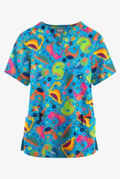 Butter-Soft Originals Dino Party Turquoise Women's 2-Pocket Classic Fit V-Neck Printed Scrub Top