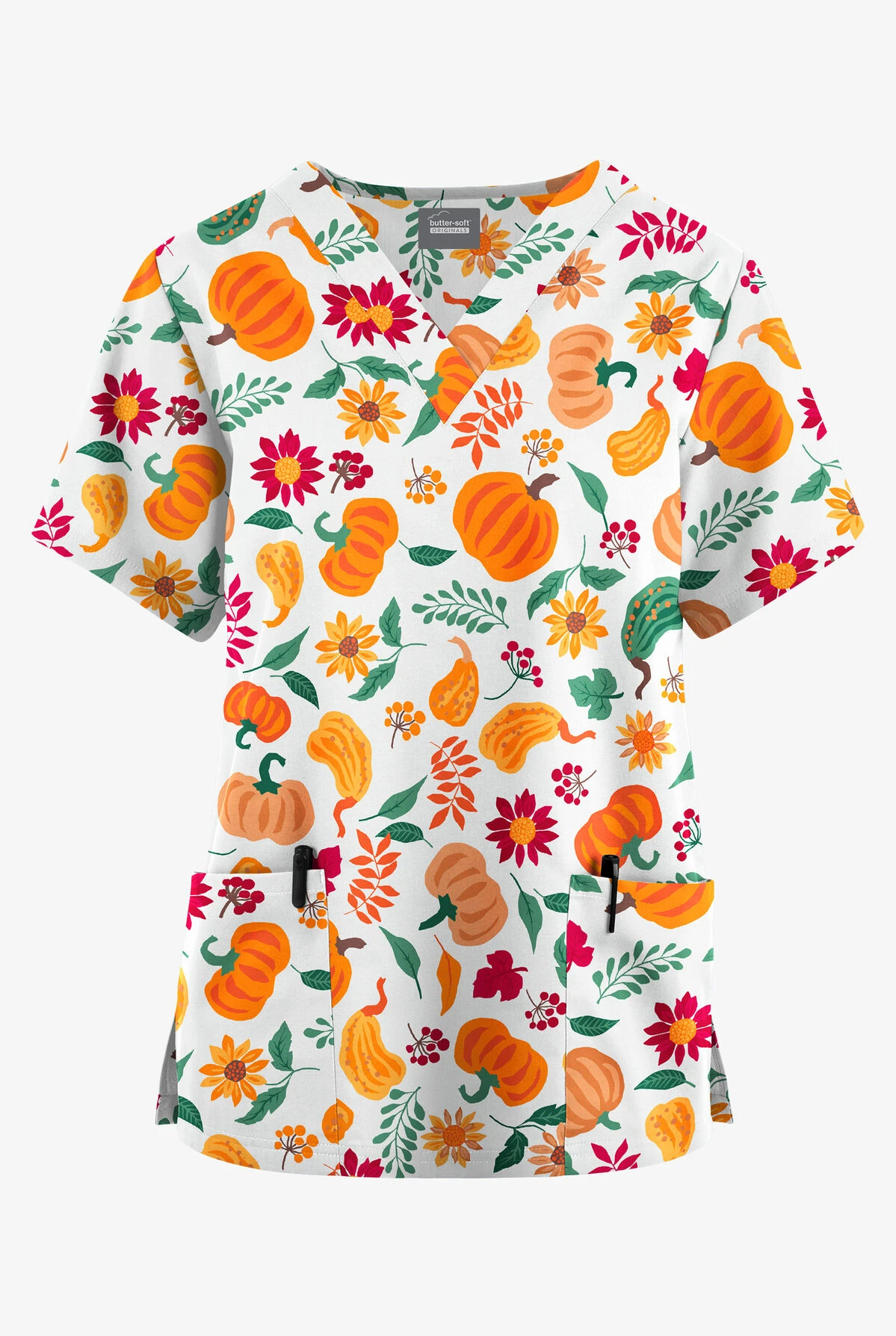 Butter-Soft Originals Fall Harvest White Printed Women's 2-Pocket Classic Fit V-Neck Scrub Top 1 Butter-Soft Originals Fall Harvest White Printed Women's 2-Pocket Classic Fit V-Neck Scrub Top