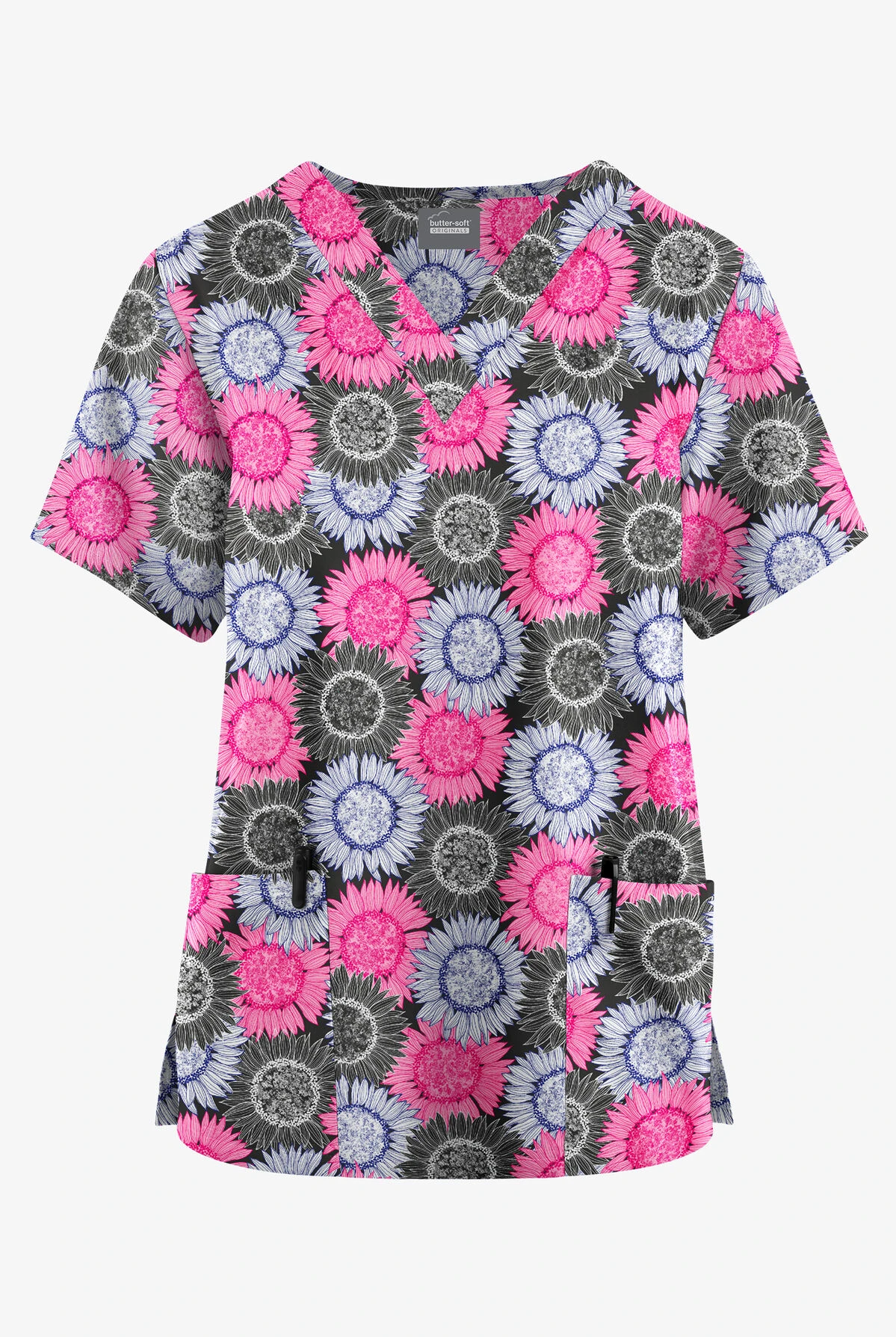 Butter-Soft Originals Sunflower Field Black Printed Women's 2-Pocket Classic Fit V-Neck Scrub Top 1 Butter-Soft Originals Sunflower Field Black Printed Women's 2-Pocket Classic Fit V-Neck Scrub Top