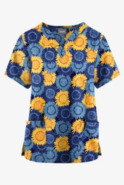 Butter-Soft Originals Sunflower Field Navy Women's 2-Pocket Classic Fit V-Neck Printed Scrub Top