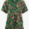 Butter-Soft Originals Winter Pine Cones Black Printed Women's 2-Pocket Classic Fit V-Neck Scrub Top