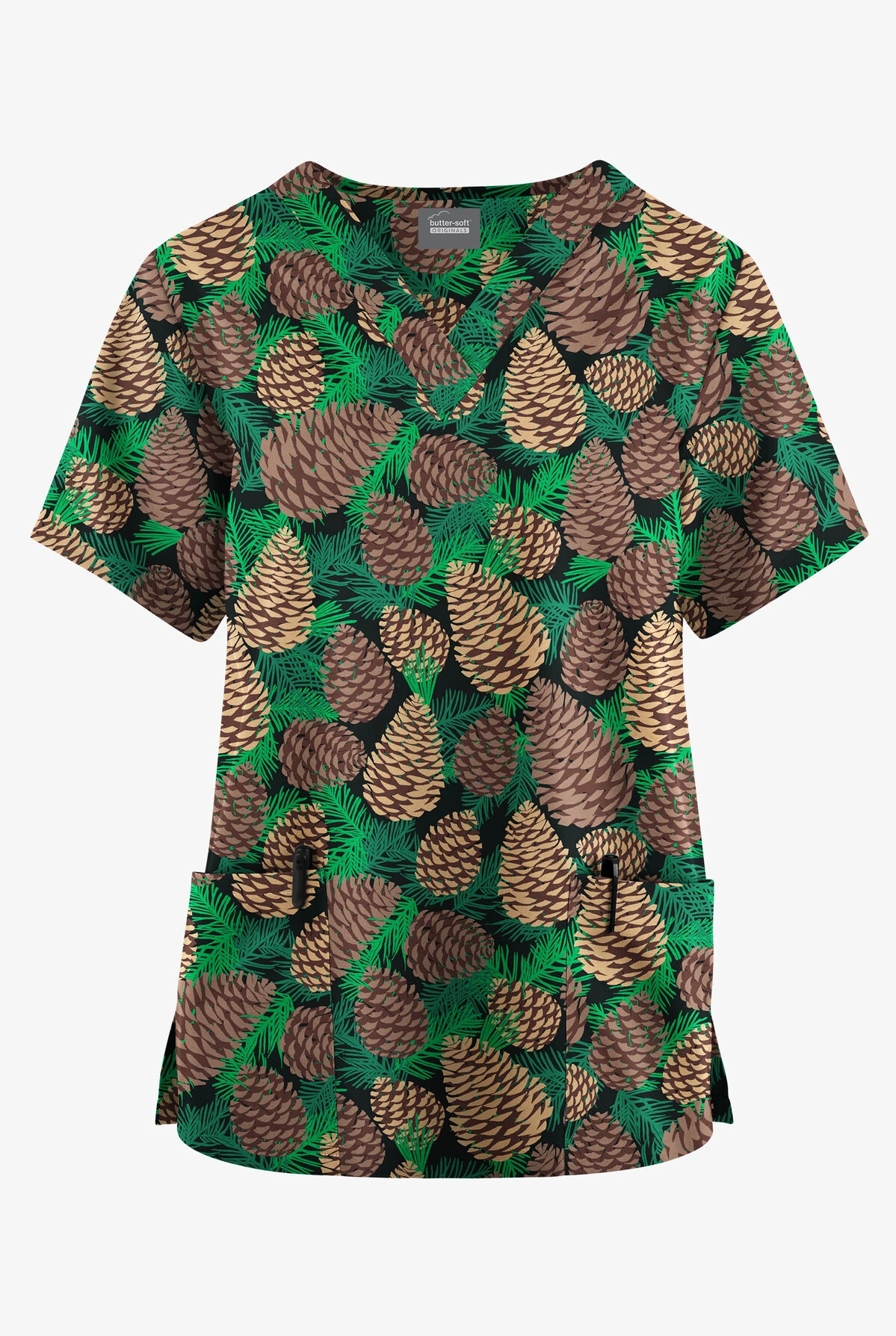 Butter-Soft Originals Winter Pine Cones Black Printed Women's 2-Pocket Classic Fit V-Neck Scrub Top 1 Butter-Soft Originals Winter Pine Cones Black Printed Women's 2-Pocket Classic Fit V-Neck Scrub Top
