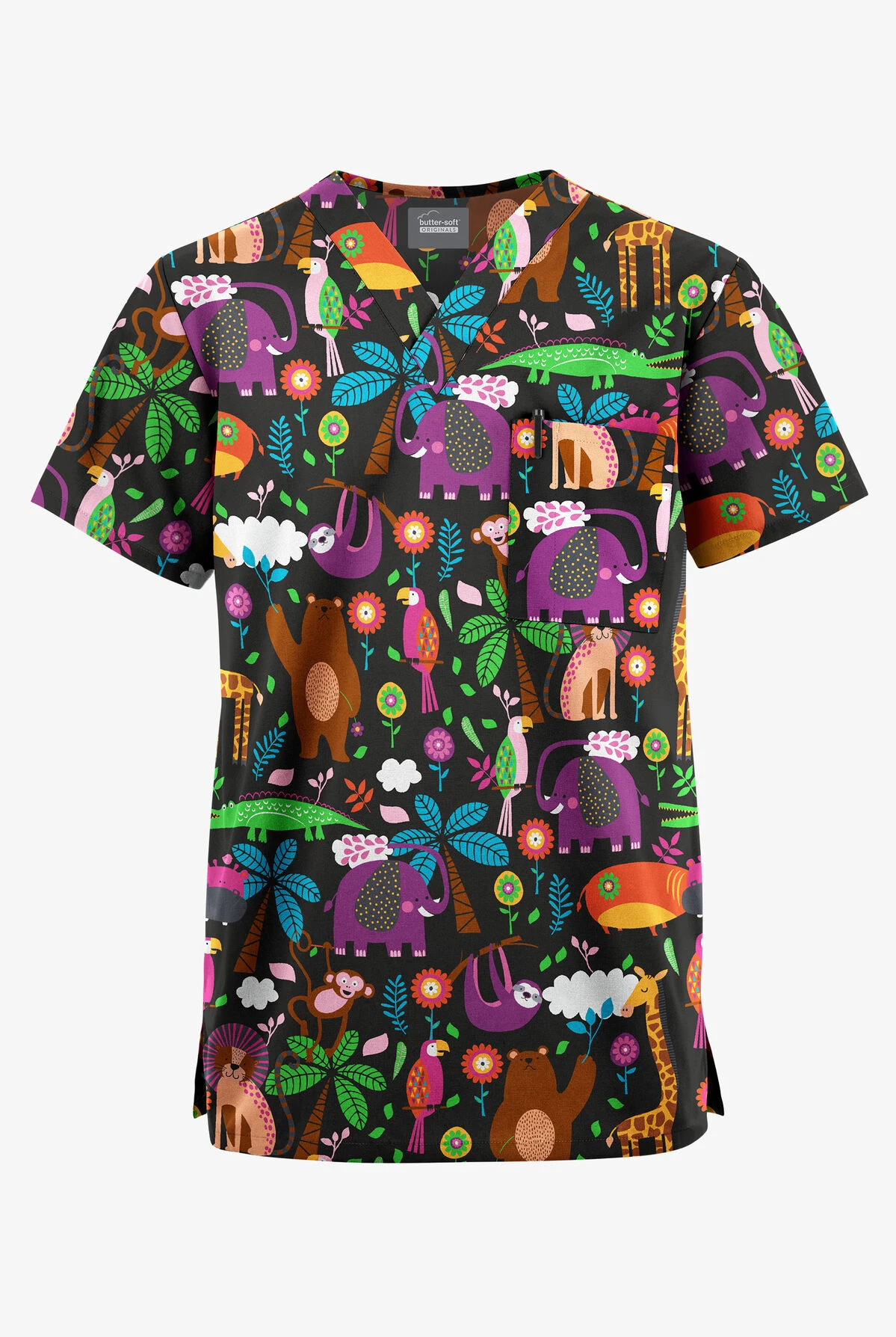 Butter-Soft Originals Jungle Party Unisex 2-Pocket V-Neck Printed Scrub Top 1 Butter-Soft Originals Jungle Party Unisex 2-Pocket V-Neck Printed Scrub Top