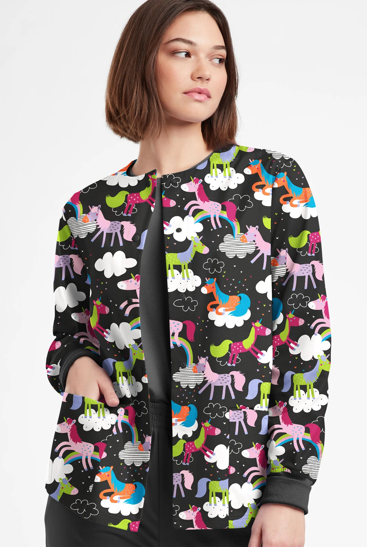 Butter-Soft Originals On The Clouds Women's 3-Pocket Warm-Up Printed Scrub Jacket 2 Butter-Soft Originals On The Clouds Women's 3-Pocket Warm-Up Printed Scrub Jacket - Image 2