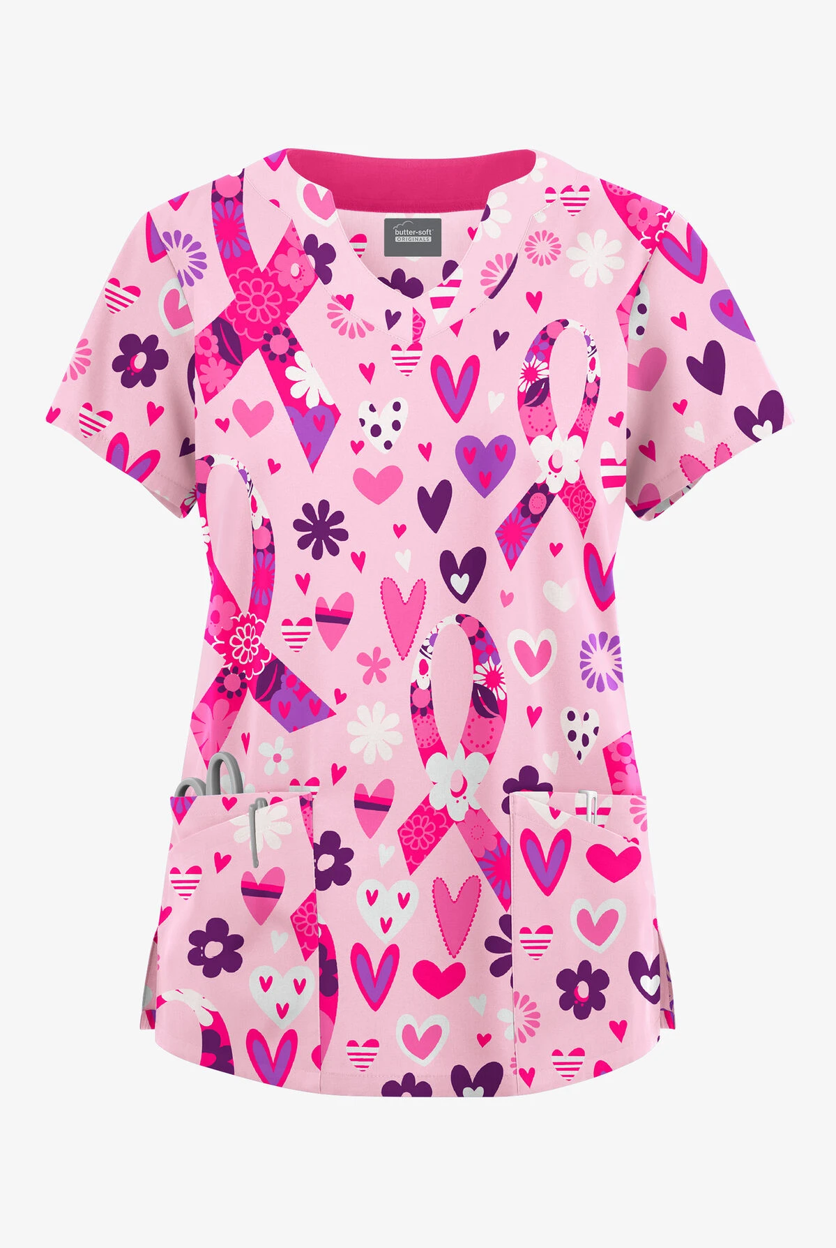 Butter-Soft Originals Hope Heals Blush Women's 6-Pocket Scallop Neck Printed Scrub Top 1 Butter-Soft Originals Hope Heals Blush Women's 6-Pocket Scallop Neck Printed Scrub Top