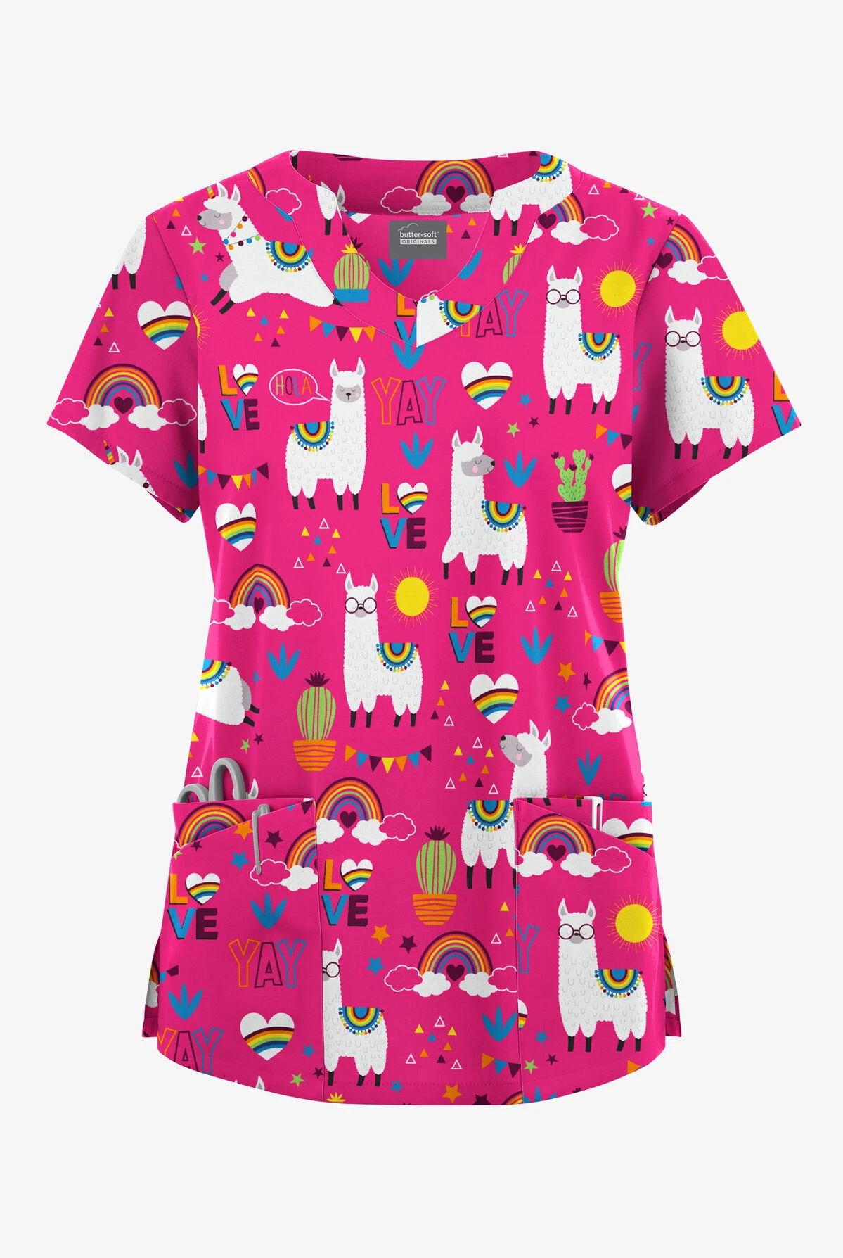 Butter-Soft Originals Llama Love Fuchsia Women's 6-Pocket Scallop Neck Printed Scrub Top 1 Butter-Soft Originals Llama Love Fuchsia Women's 6-Pocket Scallop Neck Printed Scrub Top