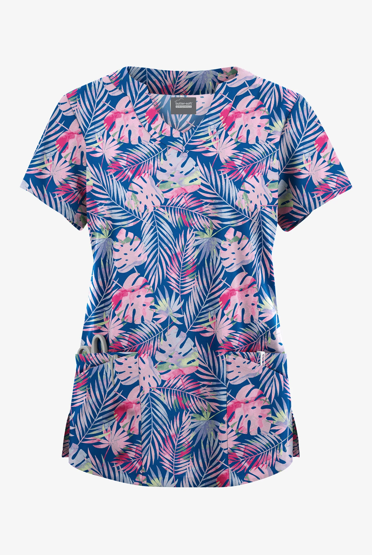 Butter-Soft Originals Tropical Garden Royal Women's 6-Pocket Scallop Neck Printed Scrub Top 1 Butter-Soft Originals Tropical Garden Royal Women's 6-Pocket Scallop Neck Printed Scrub Top