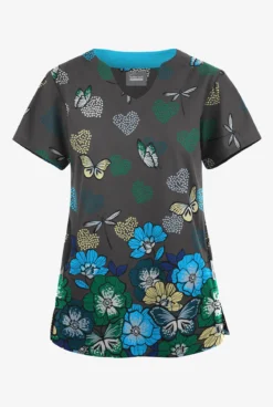 Butter-Soft Originals Butterfly Valley Pewter Women's 2-Pocket Scallop Neck Printed Scrub Top