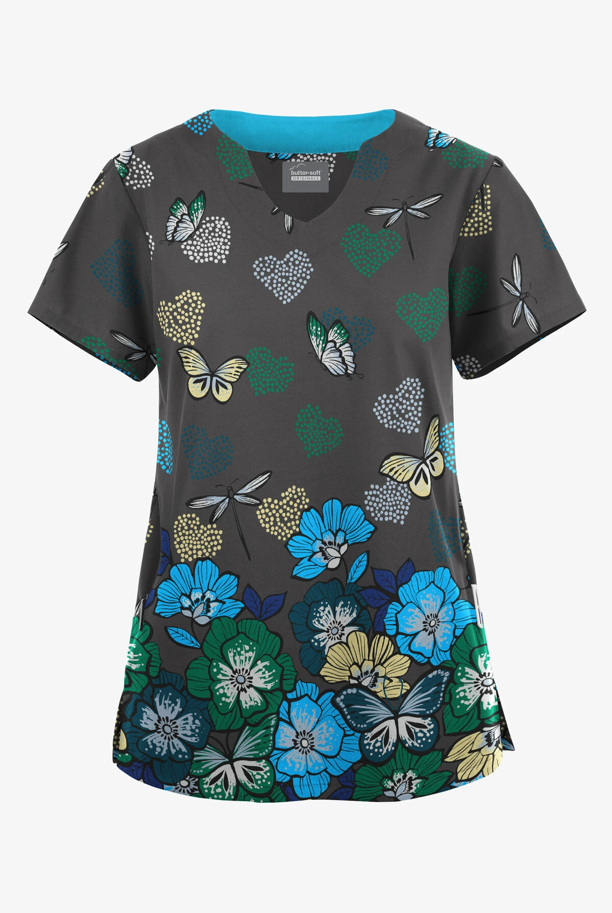 Butter-Soft Originals Butterfly Valley Pewter Women's 2-Pocket Scallop Neck Printed Scrub Top 1 Butter-Soft Originals Butterfly Valley Pewter Women's 2-Pocket Scallop Neck Printed Scrub Top