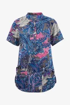 Butter-Soft Originals Layered Paisley Grey Stone Women's 6-Pocket Mandarin Collar Printed Scrub Top 