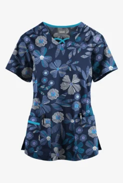 Butter-Soft Originals Linear Floral Ceil Women's 3-Pocket Criss Cross Printed Scrub Top