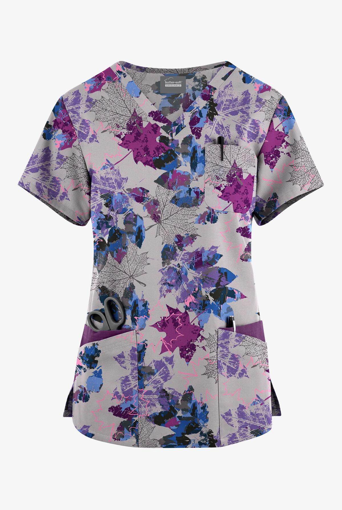 Butter-Soft Originals Autumn Park Silver Women's 7-Pocket Rounded V-Neck Printed Scrub Top 1 Butter-Soft Originals Autumn Park Silver Women's 7-Pocket Rounded V-Neck Printed Scrub Top