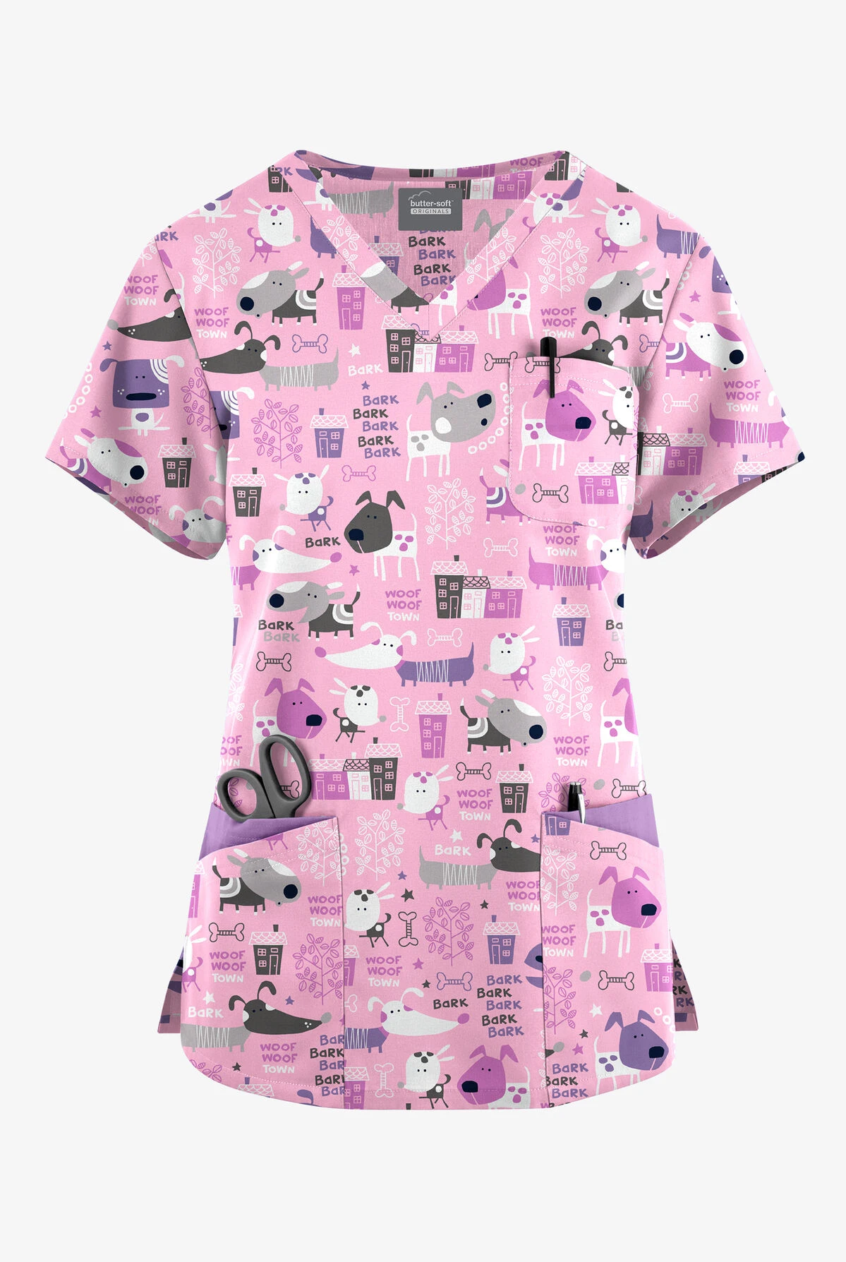 Butter-Soft Originals Bark Park Blush Women's 7-Pocket Curved V-Neck Printed Scrub Top 1 Butter-Soft Originals Bark Park Blush Women's 7-Pocket Curved V-Neck Printed Scrub Top