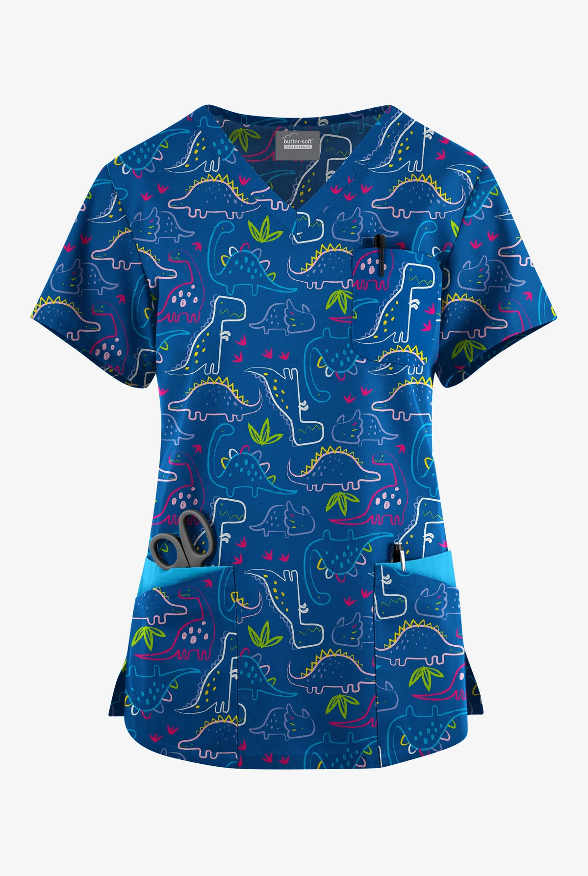 Butter-Soft Originals Dino Park Royal Women's 7-Pocket Curved V-Neck Printed Scrub Top 1 Butter-Soft Originals Dino Park Royal Women's 7-Pocket Curved V-Neck Printed Scrub Top