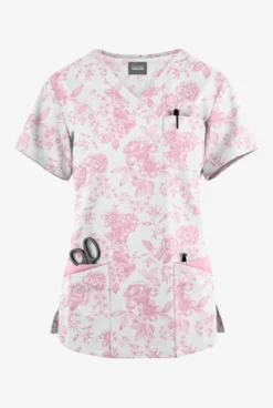 Butter-Soft Originals Etched Roses Blush Women's 7-Pocket Curved V-Neck Printed Scrub Top