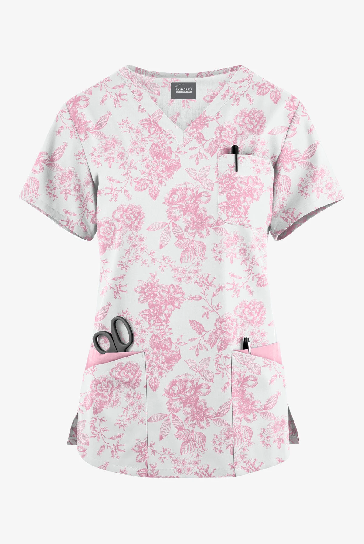 Butter-Soft Originals Etched Roses Blush Women's 7-Pocket Curved V-Neck Printed Scrub Top 1 Butter-Soft Originals Etched Roses Blush Women's 7-Pocket Curved V-Neck Printed Scrub Top