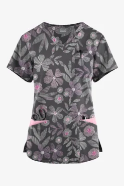 Butter-Soft Originals Linear Floral Pewter Women's 7-Pocket Curved V-Neck Printed Scrub Top