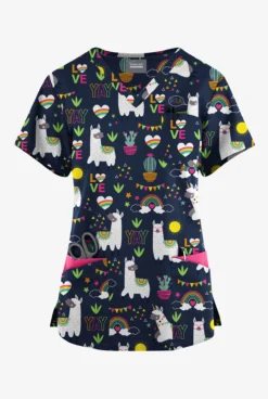 Butter-Soft Originals Llama Love Navy Women's 7-Pocket Curved V-Neck Printed Scrub Top