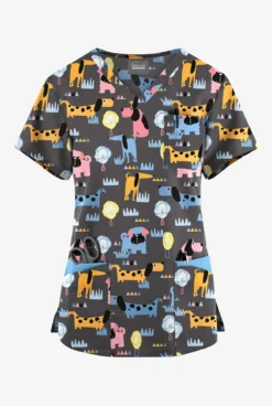 Butter-Soft Originals Meeting In The Park Pewter Women's 7-Pocket Rounded V-Neck Printed Scrub Top