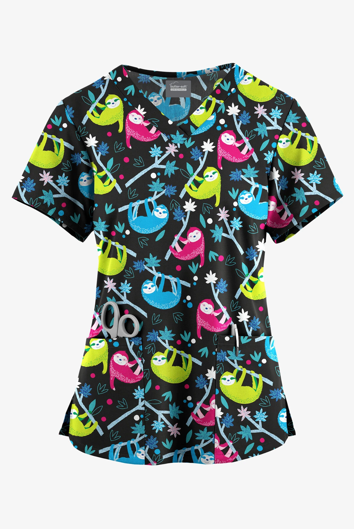 Butter-Soft Originals Slew Of Sloths Black Printed Women's 4-Pocket Rounded V-Neck Scrub Top 1 Butter-Soft Originals Slew Of Sloths Black Printed Women's 4-Pocket Rounded V-Neck Scrub Top
