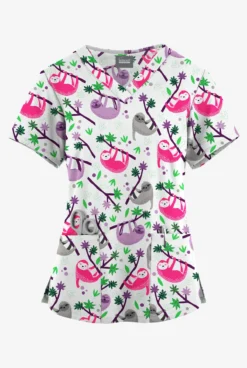 Butter-Soft Originals Slew Of Sloths White Printed Women's 4-Pocket Rounded V-Neck Scrub Top