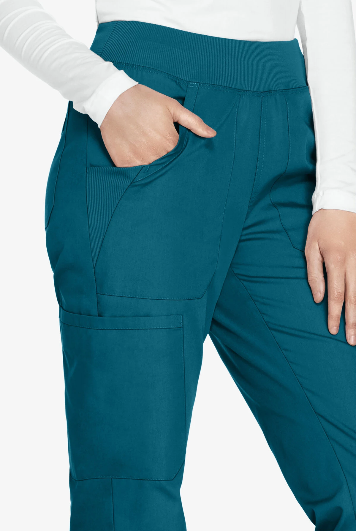 Cherokee Workwear Women's 6-Pocket Rib-Knit Waistband Pull-On Cargo Scrub Pants - Petite 2 Cherokee Workwear Women's 6-Pocket Rib-Knit Waistband Pull-On Cargo Scrub Pants - Petite - Image 2