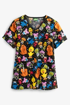 Cherokee Tooniforms Sesame Street Mini Sesame Women's 3-Pocket V-Neck Print Scrub Top