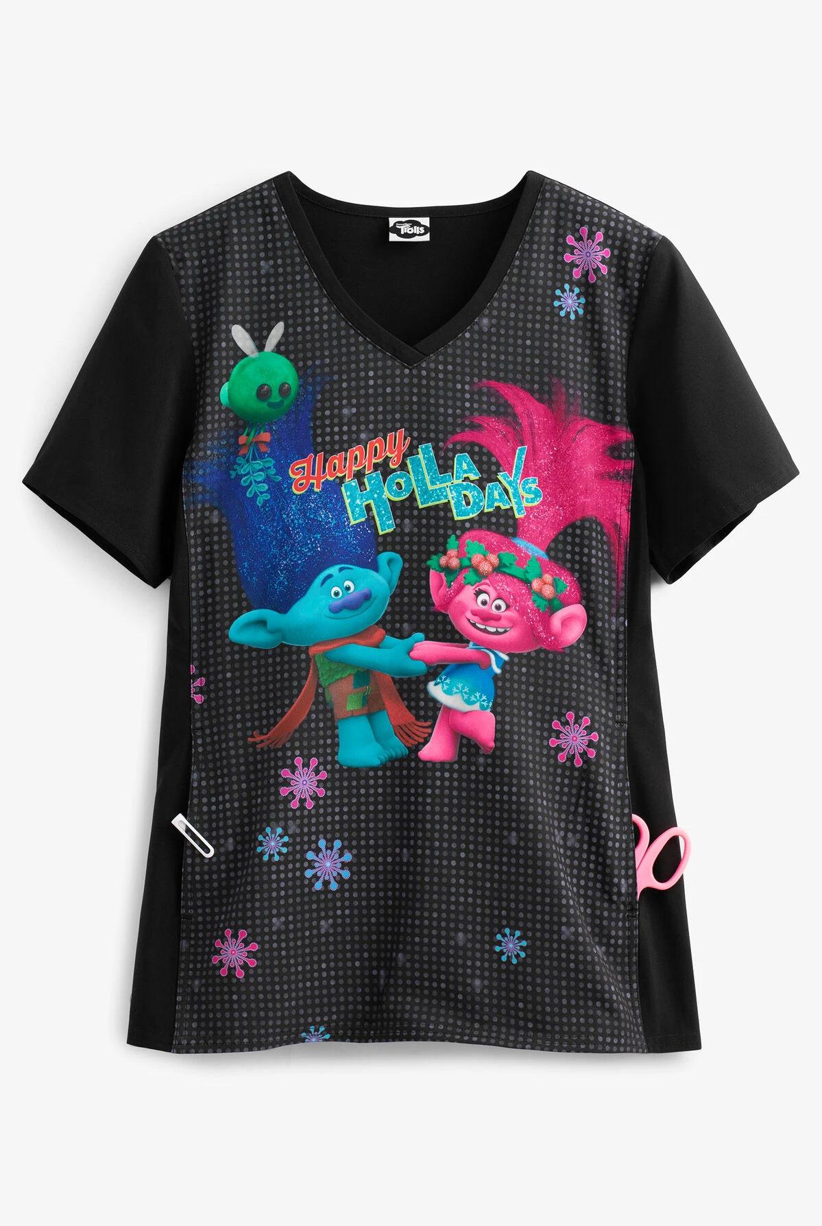 Cherokee Tooniforms DreamWorks Troll Holla Days Women's 1-Pocket V-Neck Print Scrub Top 1 Cherokee Tooniforms DreamWorks Troll Holla Days Women's 1-Pocket V-Neck Print Scrub Top