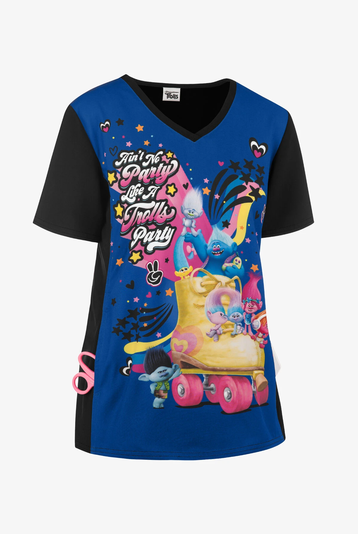 Cherokee Tooniforms DreamWorks Trolls Party Women's 1-Pocket V-Neck Print Scrub Top 3 Cherokee Tooniforms DreamWorks Trolls Party Women's 1-Pocket V-Neck Print Scrub Top - Image 3