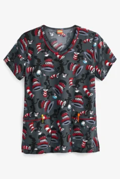 Cherokee Tooniforms Dr. Seuss Here Comes Trouble Women's 2-Pocket V-Neck Print Scrub Top
