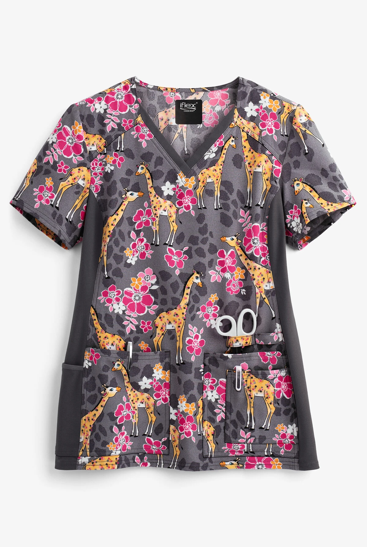 Cherokee Iflex Spotted In The Wild Women's 4-Pocket V-Neck STRETCH Print Scrub Top 1 Cherokee Iflex Spotted In The Wild Women's 4-Pocket V-Neck STRETCH Print Scrub Top