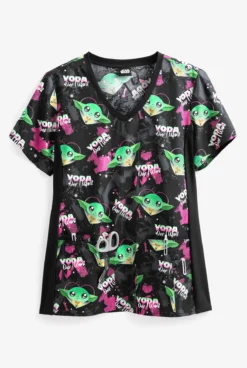 Cherokee Tooniforms Star Wars Yoda One I Want Women's 4-Pocket V-Neck Print Scrub Top