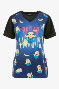 Cherokee Tooniforms Say Banana Minions Women's 2-Pocket STRETCH V-Neck Print Scrub Top