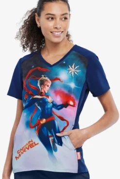 Cherokee Tooniforms Marvel Captain Marvel Women's 1-Pocket V-Neck Print Scrub Top -Uniform Store CK637MAR 3 S