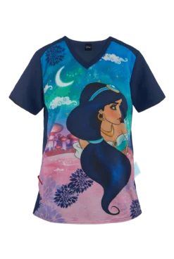Cherokee Tooniforms Disney Jasmine Nights Women's 1-Pocket V-Neck Print Scrub Top