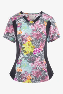 Cherokee Iflex Birds Of Paradise Flamingo Women's 2-Pocket STRETCH V-Neck Print Scrub Top