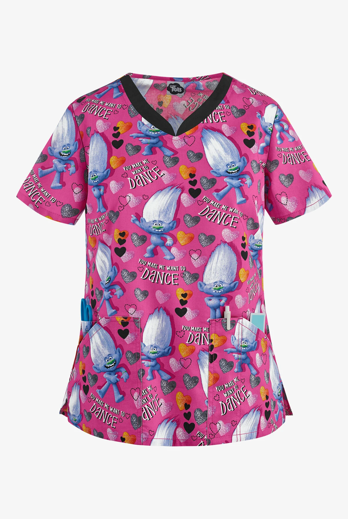 Cherokee Tooniforms DreamWorks Trolls Diamond Dance Women's 3-Pocket V-Neck Print Scrub Top 1 Cherokee Tooniforms DreamWorks Trolls Diamond Dance Women's 3-Pocket V-Neck Print Scrub Top