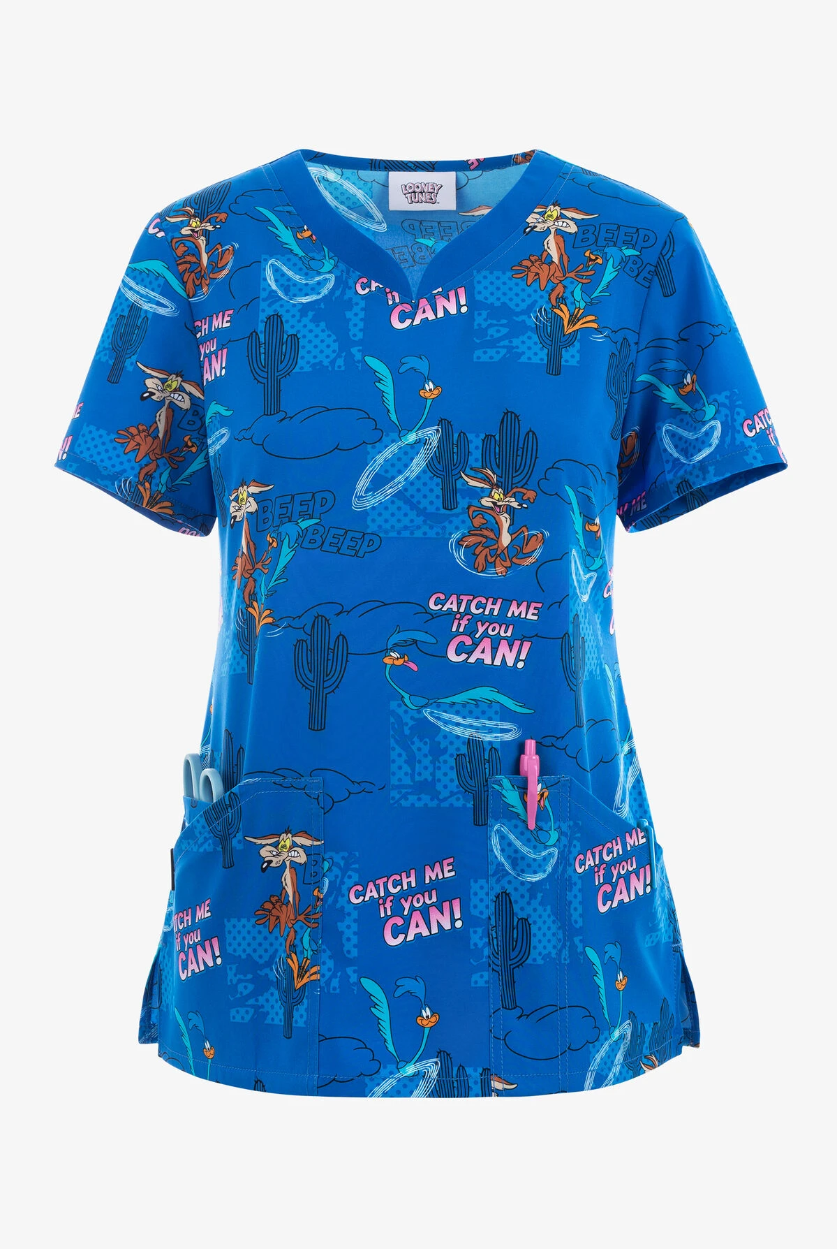 Cherokee Tooniforms Catch Me Road Runner Women's 3-Pocket STRETCH V-Neck Print Scrub Top 1 Cherokee Tooniforms Catch Me Road Runner Women's 3-Pocket STRETCH V-Neck Print Scrub Top
