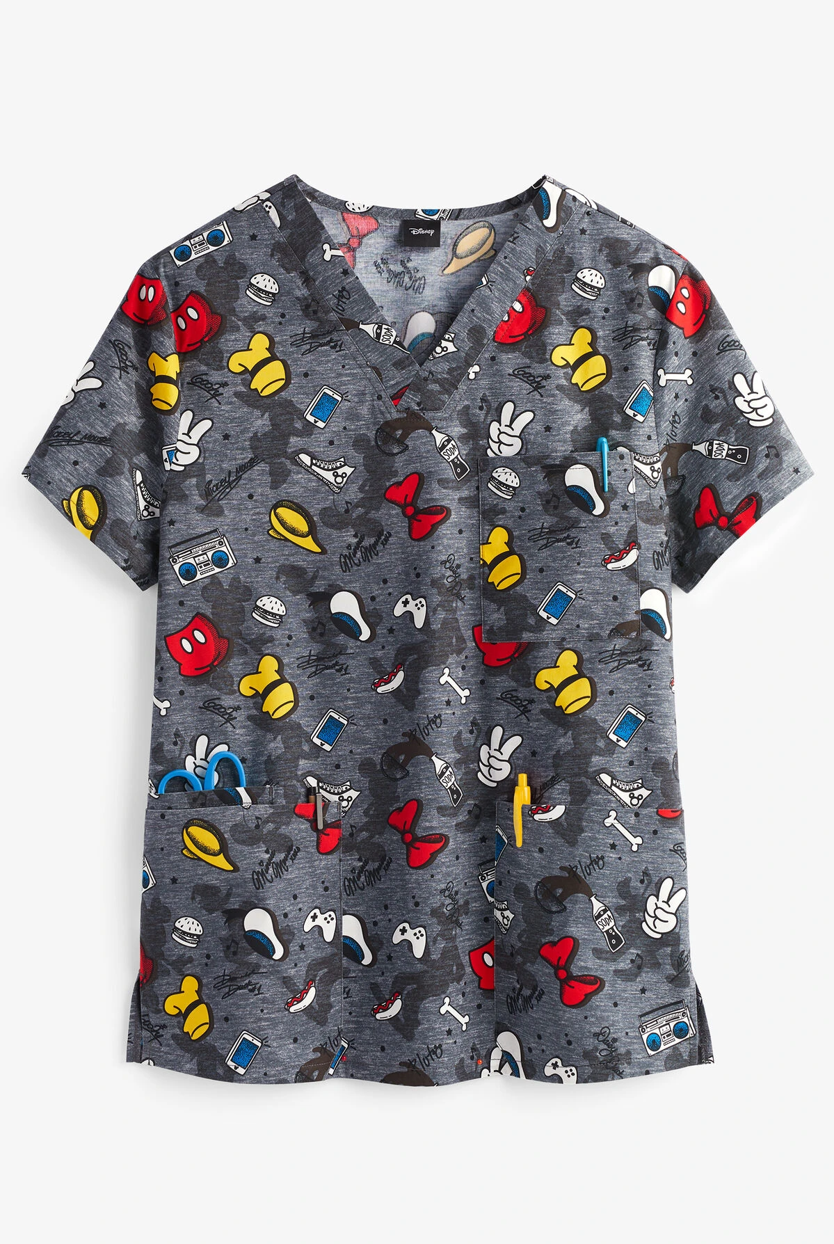 Cherokee Tooniforms Gang Of Six Disney Unisex 4-Pocket STRETCH V-Neck Print Scrub Top 1 Cherokee Tooniforms Gang Of Six Disney Unisex 4-Pocket STRETCH V-Neck Print Scrub Top