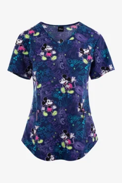 Cherokee Tooniforms Bandana Land Mickey Women's 2-Pocket STRETCH V-Neck Print Scrub Top
