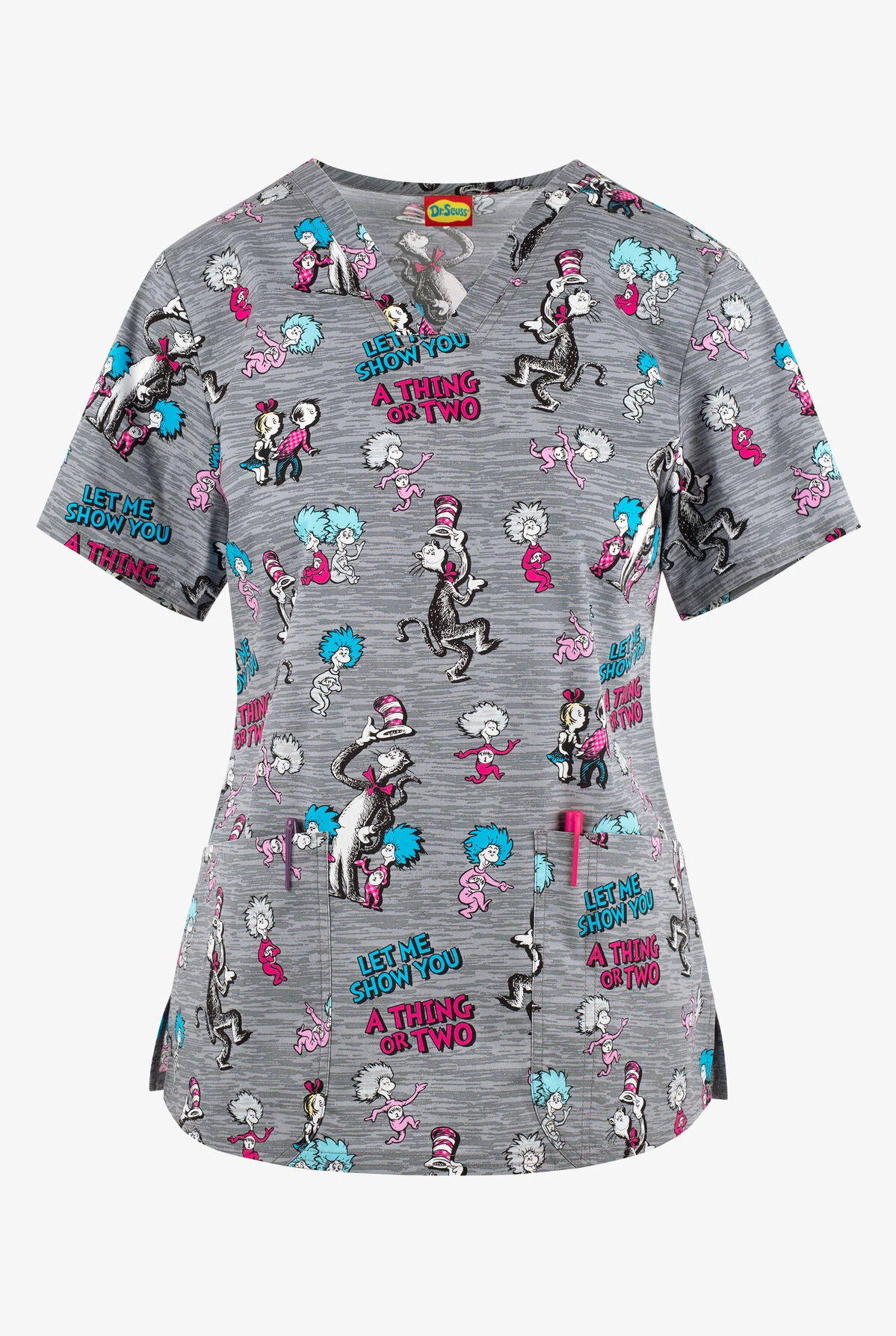 Cherokee Tooniforms A Thing Or Two Dr. Seuss Women's 2-Pocket STRETCH V-Neck Print Scrub Top 1 Cherokee Tooniforms A Thing Or Two Dr. Seuss Women's 2-Pocket STRETCH V-Neck Print Scrub Top