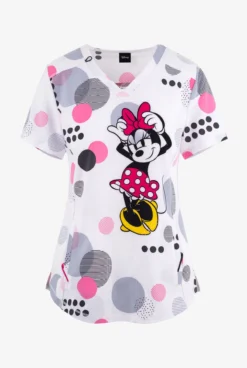 Cherokee Tooniforms Running In Circles Minnie Mouse Women's 2-Pocket STRETCH V-Neck Print Scrub Top