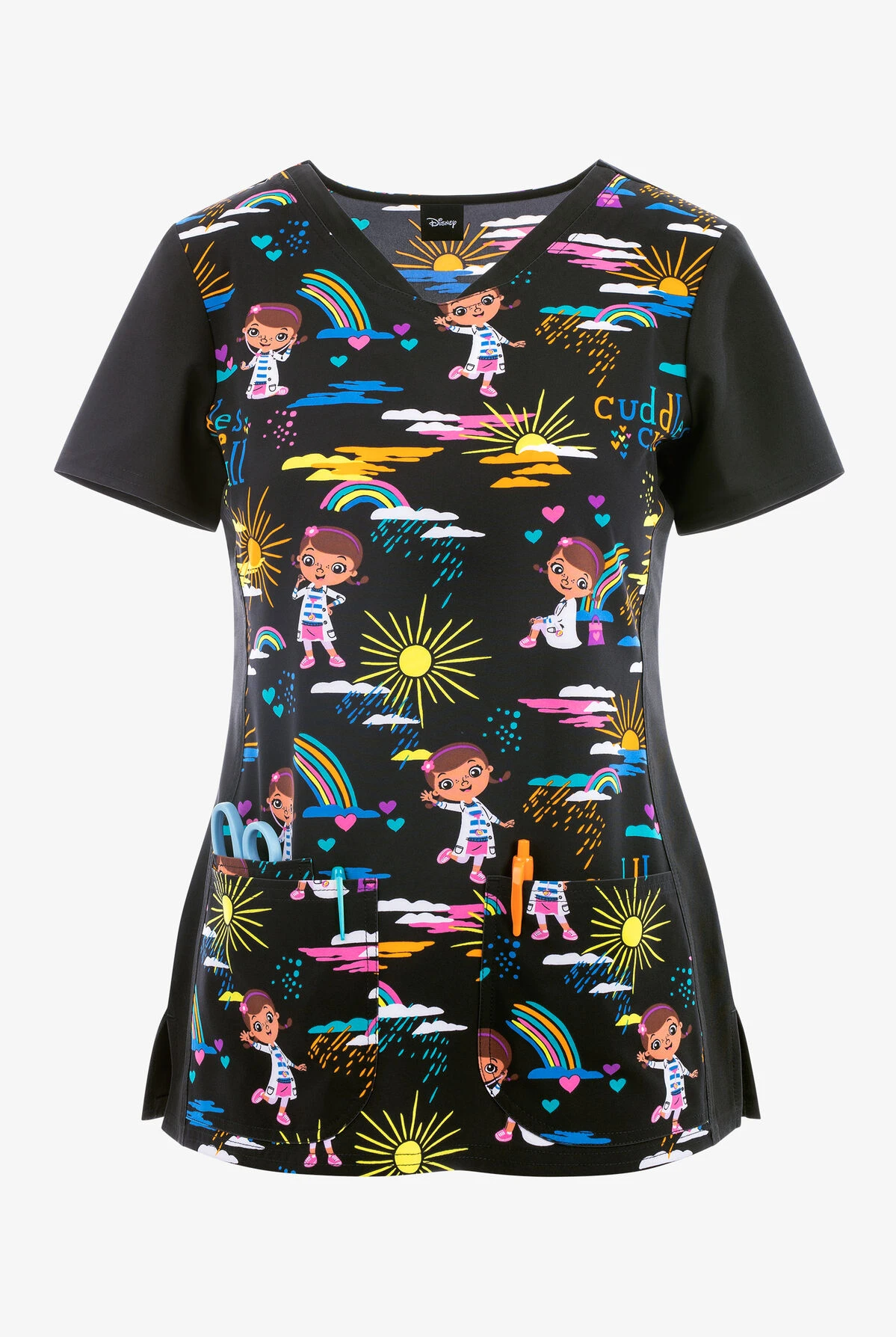 Cherokee Tooniforms Cuddles Cure All Doc McStuffins Women's 3-Pocket STRETCH V-Neck Print Scrub Top 1 Cherokee Tooniforms Cuddles Cure All Doc McStuffins Women's 3-Pocket STRETCH V-Neck Print Scrub Top