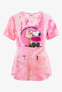 Cherokee Tooniforms Perfect Friend Charlie Brown & Snoopy Women's 2-Pocket STRETCH V-Neck Print Scrub Top