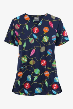 UA Butter-Soft STRETCH Bright Baubles Navy Women's 2-Pocket V-Neck Printed Scrub Top