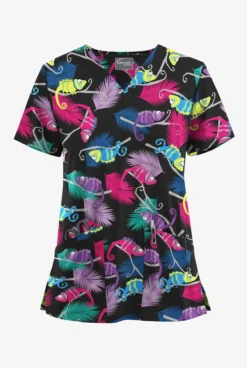 UA Butter-Soft STRETCH Chameleon Adventure Black Printed Women's 2-Pocket V-Neck Scrub Top