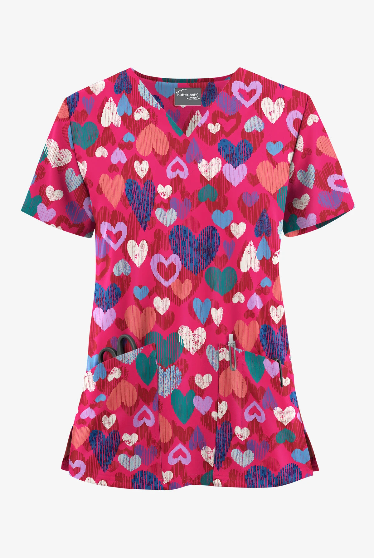 UA Butter-Soft STRETCH Sweet Love Fuchsia Women's 2-Pocket V-Neck Printed Scrub Top 1 UA Butter-Soft STRETCH Sweet Love Fuchsia Women's 2-Pocket V-Neck Printed Scrub Top