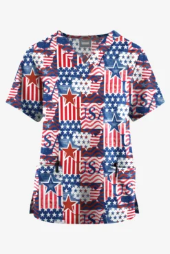 Butter-Soft Originals Happy Fourth Navy Women's 2-Pocket Classic Fit V-Neck Printed Scrub Top